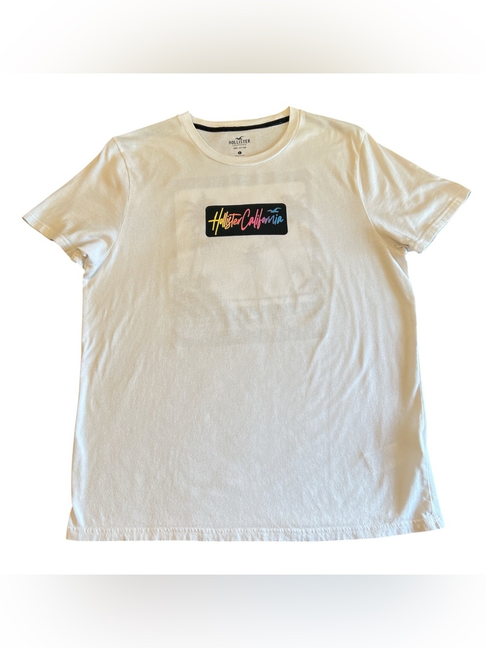 Hollister Mens Large White T-Shirt Palm Trees Back Graphic California Sunset Tee